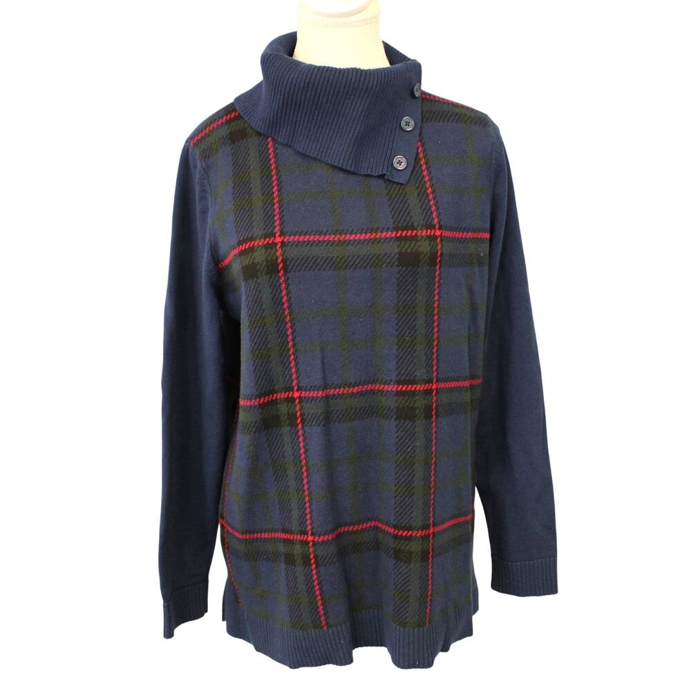 Talbots Watchplaid Turtle to Button or Not Sweater Size L Navy Red Good